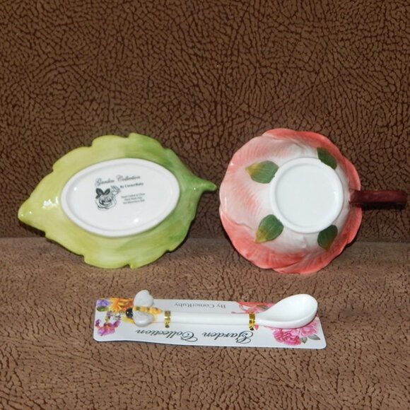 Corner Ruby Garden Collection Salmon Pink Flower Teacup Leaf Saucer & Spoon NWT - Picture 7 of 8